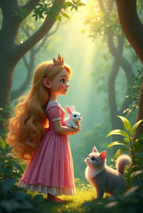 A  princess with long, silky hair, wearing a beautiful pink frock, stands at the edge of a dense jungle, holding a white rabbit in one hand while a fluffy gray cat follows her. She has an innocent and curious expression as she looks at the mysterious jungl...