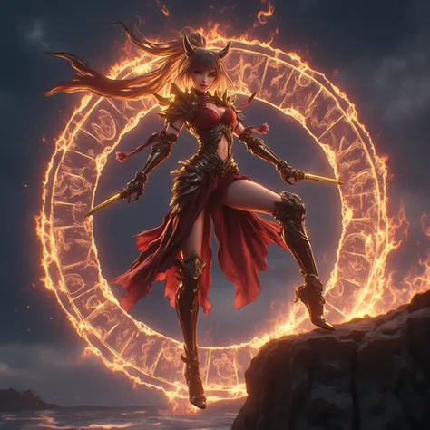 - Main Character, Beautiful "Japanese" Woman with Yellowish Black Hair, Burning "Fire".

- Wearing a costume ("Full Sexy Armor"), a costume that embodies the form of "Aldamon-Digimon", (Armor Chest and Thighs open).
The costume has a futuristic design.

- ...