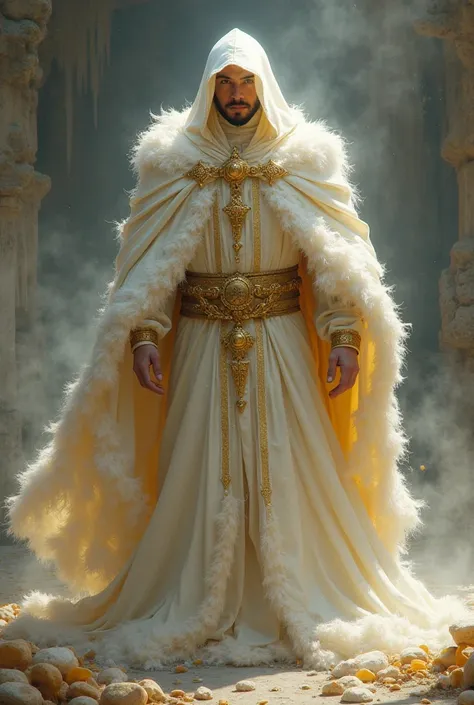 someone is playing a game called cream cookie, clothed!, dressed like a cleric, clothed in ancient suit, clothed, clouded, glorified image, cooked, cloaked, cleric, cotton cloud mage robes, gilded outfit, clustered, cloning spell, gold and white cloak, clo...