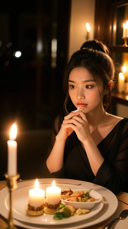  Cinema photography with a person photographing a fancy meal at a candle light dinner, looks half the body of a beautiful woman, highlight the food and also the background is slightly blurred . Looks straight as if a man is taking a picture.