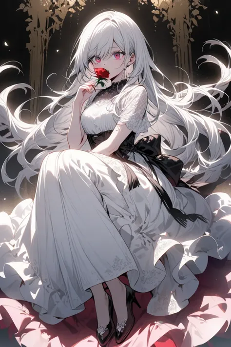 a woman, beautiful、Silver long hair, beauty、swept bangs、Crimson Eyes、slant eyes、Wide Eyes、 whole body,  eating rose, wearing dress, low-tied long hair