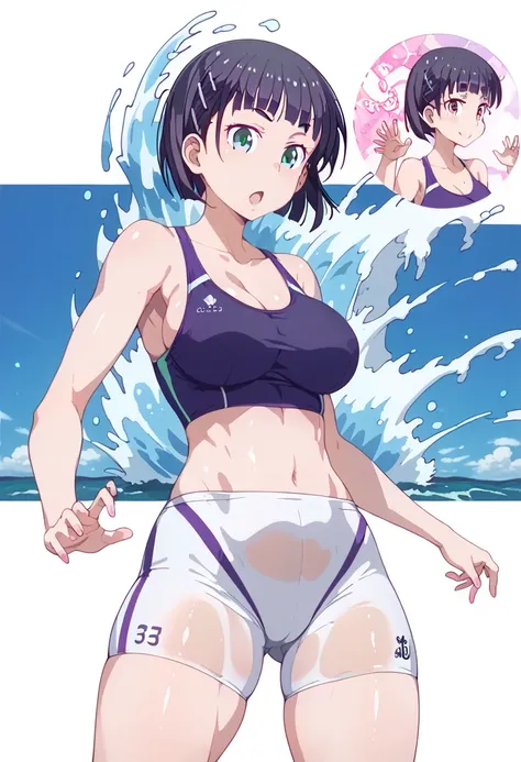 pt、NEW GAME，Expressions that are not inappropriate， Feminine Body Line， ,sfw,sfw,sfw， Glossy Skin， Glossy Skin， Glossy Skin，Wave splash, big breasts，Thighs,Active,sports，suguha、score_9, score_8_ up the side, score_7_ up the side，， detailed background on a ...