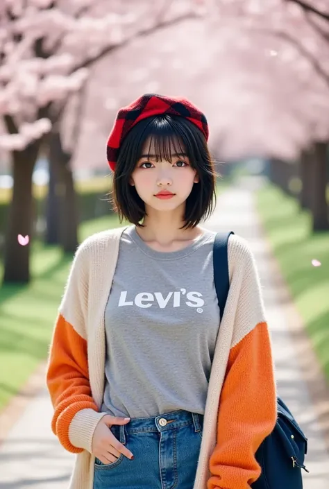 masterpiece, best quality, Cinematic photo, a 18-year-old Japanese woman (short black straight hair, bangs reaching to eyebrows, boyish, with ears sticking out, Brown eyes), Complete Anatomy, Complete Hands, wearing a red and black plaid beret, a gray Levi...