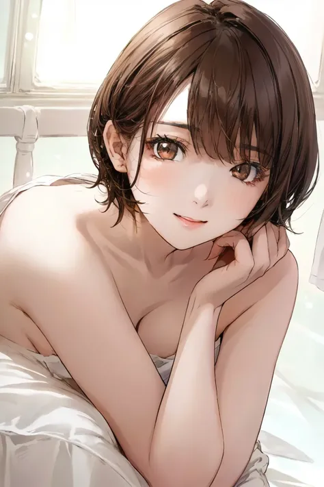 8K highest image quality)、（ beautiful）、Accurate Eyes、 fine skin、22-year-old female、 stylish、 brown eyes、 brown hair、 looking at the camera、close-up、 completely naked、  semi-short hair、