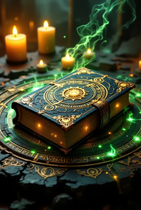The beautiful Big Book with Ancient Letters on the cover and a beautiful binding of leather and magic signs, lies on a beautiful jade table with beautiful patterns of ancient writing , is well lit by candlelight , magic исходит от книги, A very beautif...