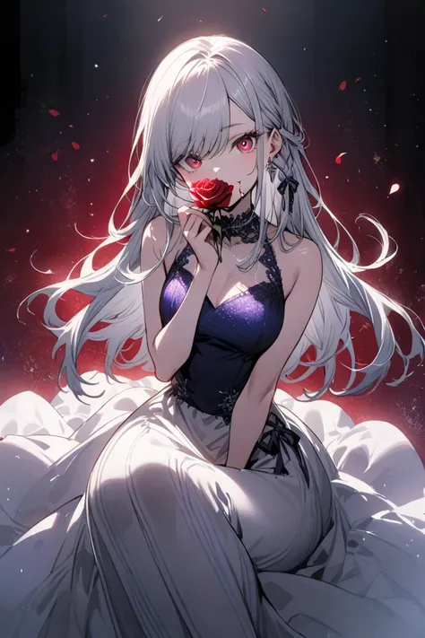 a woman, beautiful、Silver long hair, beauty、swept bangs、Crimson Eyes、slant eyes、 whole body,  eating rose, wearing party dress, side braid