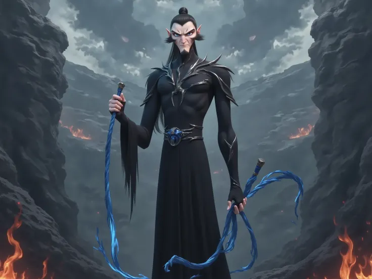 ( masterpiece,  top quality:1.2), Game anime characters,  alone，beard,  Black Robe ,slim。Holding a blue whip in his hand。Kung Fu Action ，flame，cliff，Ominous clouds，Grand scene，Large game scene
