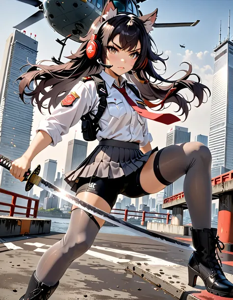 masterpiece, best quality, high res, 4k, 8k, solo focus, 1girl, female samurai, Japanese military officer, (catgirl:1.2, furry ears:1.2), college-aged female, headset, ((long hair, black hair, hair ornament)), white-collared shirt, red necktie, shoulder ho...