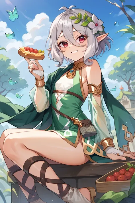  pcrkok , grey hair, elf, antenna hair, flat chest, red eyes, kokdef , hair flower, white flower, green robe, two-tone dress, green dress, white dress, sleeveless, detached sleeves, see-through sleeves, bridal gauntlets, gladiator sandals, smile、Food、Bonfi...