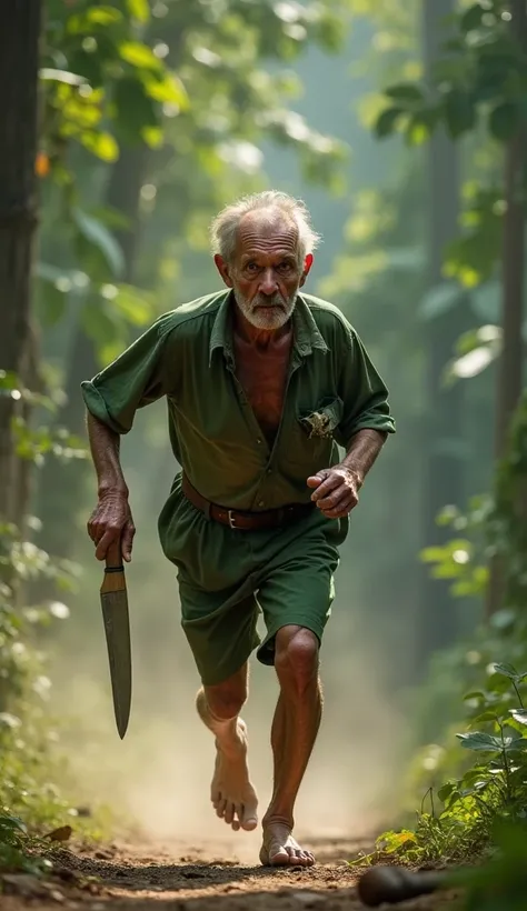 "A frail old man with wrinkled skin and a serious expression is running from a distance toward the camera. He is wearing a worn-out green shirt and matching green shorts, resembling jungle camouflage. In his hand, he firmly grips a sharp machete with a woo...