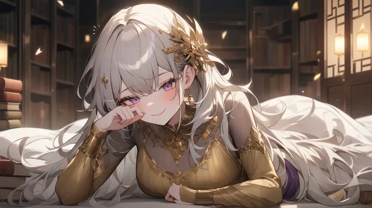  anime style,  fantasy,  Genshin,Citlali, beautiful girl, Gray Hair,  Pink Gradients ,  Twin Blade, Futuristic hair accessories,  sleepy expression waking up, Rubbing eyes,  Elegant Black and Gold Outfits, Purple Belt,  Exquisite Accessories ,  Magical Atm...