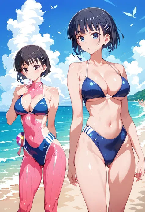 anime pin-up art，solo，pt、 big breasts，Expressions that are not inappropriate， Feminine Body Line， ,sfw,sfw,sfw， Glossy Skin， Glossy Skin， Glossy Skin，Wave splash，sexy kinky swimsuit，Thighs， shirtless,Ambiguous crotch,Active,sports，suguha、score_9, score_8_ ...