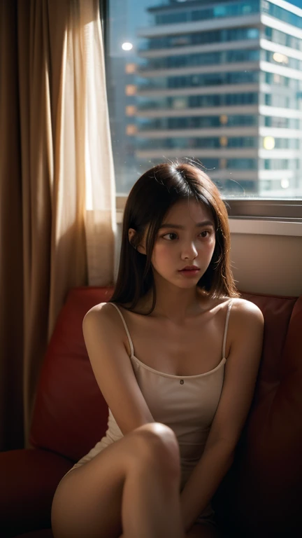 Cinema photography with a beautiful woman, Dreamy sitting in the apartment room, which shows the lights of the building at night, as if the woman was thinking about the emptiness of her heart.