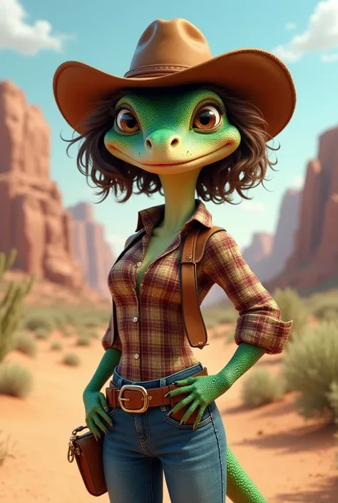 Funny lizard woman in cowboy outfit with short shoulder-length hair, curly brown hair 