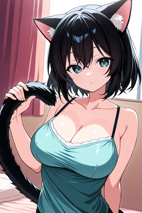 Upper body, 1girl, solo, cat girl, monster girl, large breasts, camisole, holding tail 