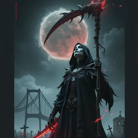 Queen's god of death、Holding a scythe that is emanating red demonic energy、I can read the guilt、dark、An elaborate composition、Realistic Skeletons 、(An old black robe that covers the whole body)、A robe that covers the body、(A dusty, ruined world)、 diverse c...