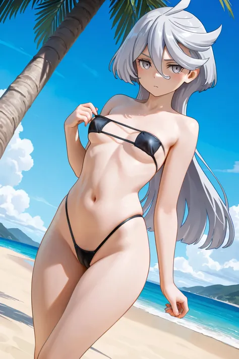 NSFW, Masterpiece, top quality, Hi-Res, Very Detailed, Miorine Rembran \(Mobile Suit Gundam: The Witch of Mercury\),eyepatch bikini top , high leg bikini,beach, palm trees, Gravure Shooting 