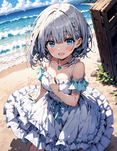 score_9, score_8_ up the side, score_7_ up the side, source_Anime,shadowbeta, beta, short hair, blue eyes, braided, Grey Hair , Medium breast, cleavage,
straw hat,smile,blush, open your mouth, black off-shoulder dress, heart shaped necklace , whit...