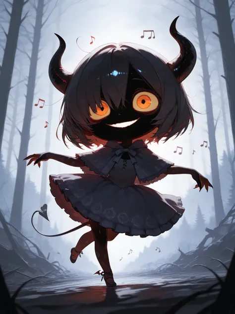 beautiful color, Multi-color,vivid color, cute horror fantasy, disney-style horror effects,picture-book style. solo,1girl\((devil:1.4),holocute,dancing,evil smile,(pure black skin:1.3),(bags under eyes),long eyelash, big eye, (chibi:1.2),long nail, orange ...