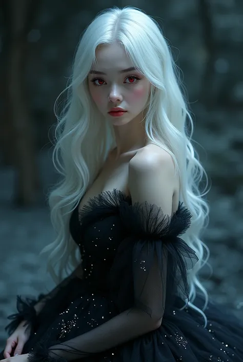 A beautiful girl with bright white hair, bloody red eyes and a black dress like the blackness of the night sky full of stars