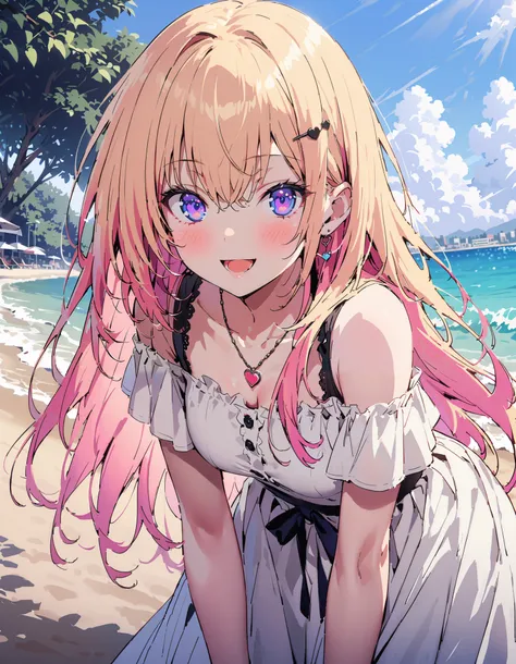 What is the name of honamiichinose , Ichinose Honami,  long hair,Alone,   blond hair left and right,   purple eyes,  straw hat,smile,blush, open your mouth, black off-shoulder dress, heart shaped necklace , white long skirt, barefoot,evening, in the sun's ...