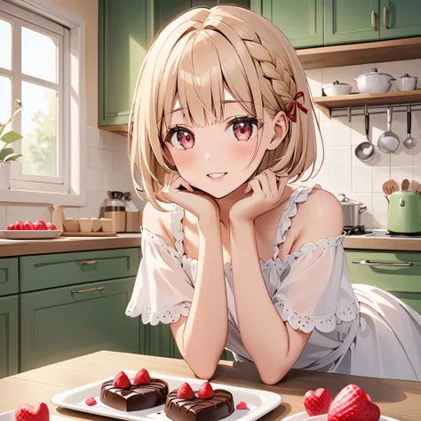  best image quality、8k、16k、 super resolution on the floor、Short bob in pale beige color、 partial braid hairstyle with one side up and one side up in a pretty kitchen、age Girl、 detailed face、 Details、 pink eye、They are making chocolate for Valentine's Day i...