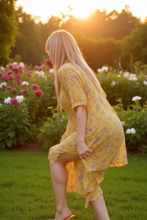 gorgeous woman (sexy venera, age 20, long silky blonde hair, sheer yellow summer dress with flower print, ni underwear, yellow flip flop), she is wandering through a lavish flower garden, flirting at sunset