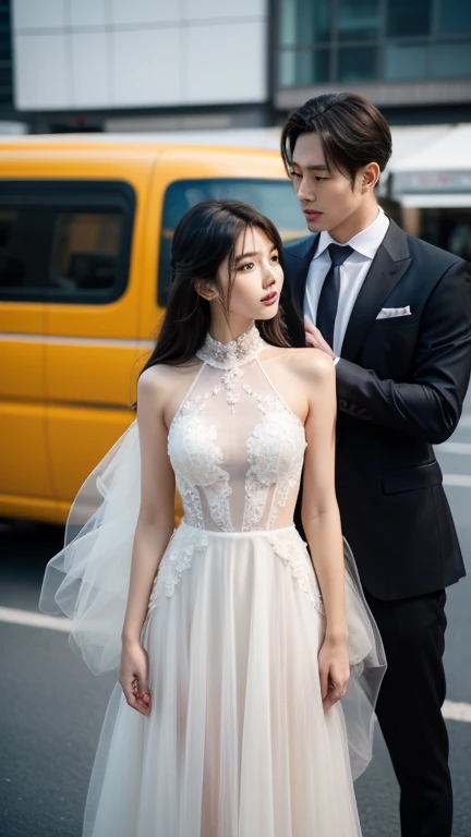 Cinema photography with a beautiful woman in fashionable clothes standing in front of a handsome man dressed simply, Faced Korean Artist, A woman's gaze is like finding the man of her dreams.