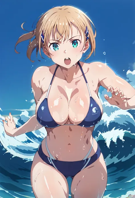 anime pin-up art，solo，pt、 big breasts，Expressions that are not inappropriate， Feminine Body Line， ,sfw,sfw,sfw， Glossy Skin， Glossy Skin， Glossy Skin，Wave splash，Thighs， shirtless,Ambiguous crotch,Active,sports，If not、score_9, score_8_ up the side, score_7...