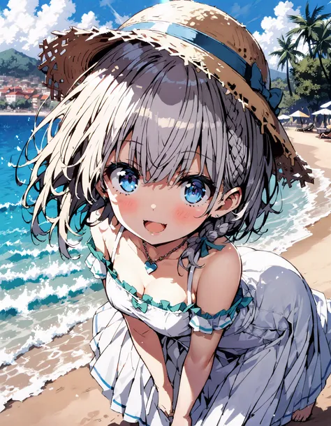 score_9, score_8_ up the side, score_7_ up the side, source_Anime,shadowbeta, beta, short hair, blue eyes, braided, Grey Hair , Medium breast,
straw hat,smile,blush, open your mouth, black off-shoulder dress, heart shaped necklace , white long ski...