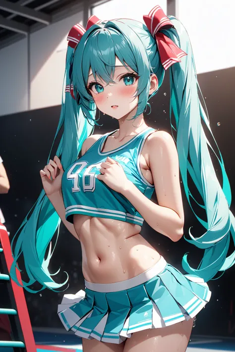  cheerleader,  sweaty, Beauty, Blush 1.5, 羞恥:1.5,  tight abs, ( Hatsune Miku), masterpiece:1.5, masterpiece, highest quality, UHD, retina, masterpiece, accurate anatomy, super detailed, high quality, best quality, 8k