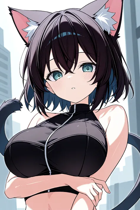 Upper body, 1girl, solo, cat girl, monster girl, large breasts, black crop top, arm under breasts 