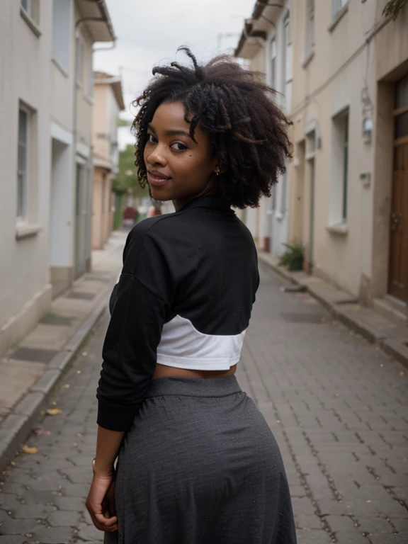 African black woman, very dark ebony skin, Happy, afro haircut, Fitness musclular body, tracksuit long skirt, close-up portrait, street Block, from behind