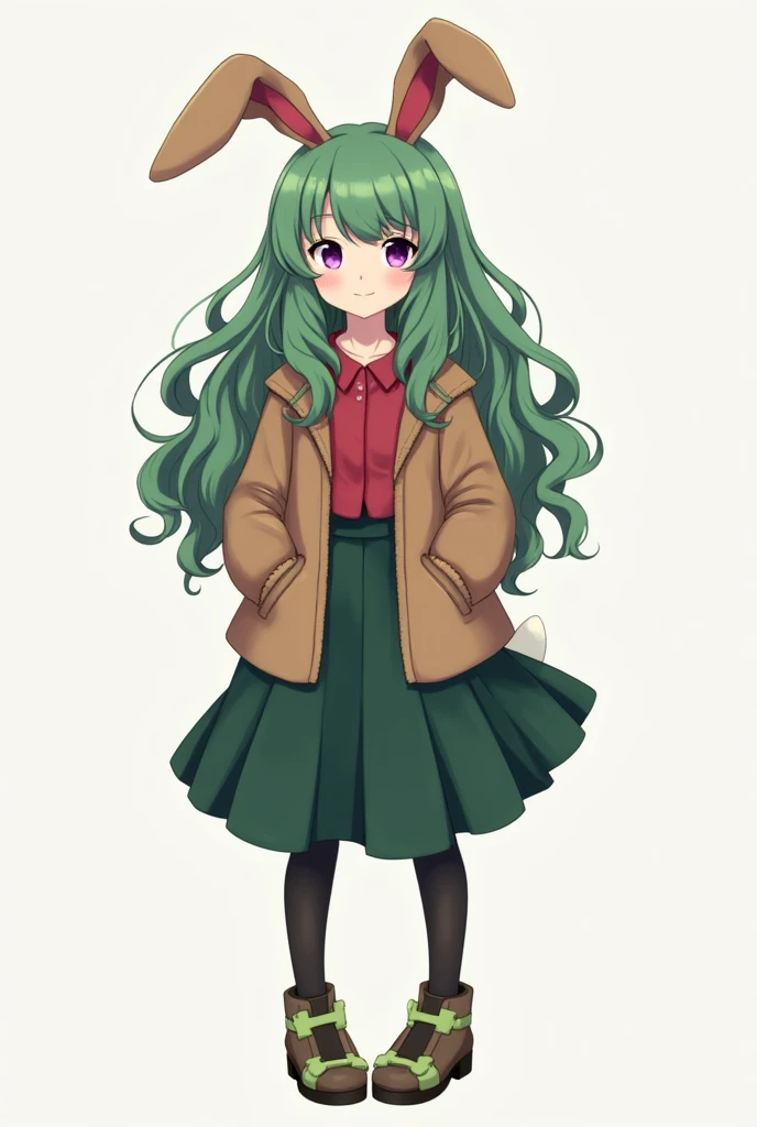 A girl of , with rabbit ears and tail. Green hair, long and curly.  Purple eyes.  Brown jacket, under the throat , she is wearing a short American red jacket.  Skirt to the columns of dark green color,  pantyhose under them . Green crosses on her feet