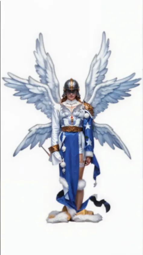 humanoid character with angelic attributes. The character stands upright, displaying large, detailed wings with a gradient of white to light blue feathers. The figure is dressed in a combination of white and blue attire, including a white chest piece with ...