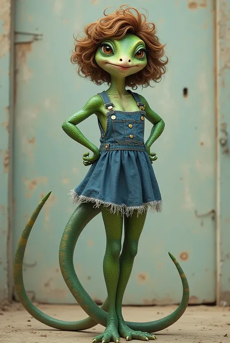 Funny lizard woman in short denim dress with short shoulder-length hair, curly brown hair 