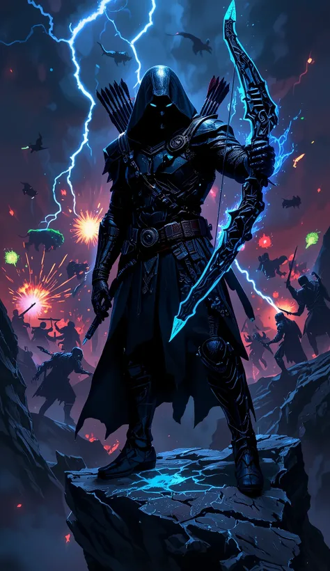 A dark, shadowy ranger stands atop a jagged cliff, overlooking a chaotic crypto battlefield. The ranger is clad in sleek, black armor. Their face is hidden beneath a hood, with only piercing, glowing eyes visible. Slung across their back is a quiver of arr...