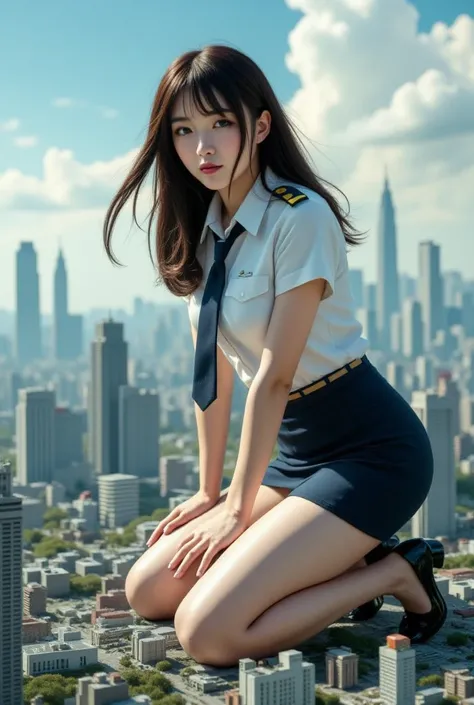 giantess art, a hyperrealistic, ((Sexy beautiful giant Japanese woman, a self defense officer uniform, wearing a white short-sleeved shirts, navy blue tie, navy blue pencil skirt, Black patent high heels, beautiful hip-line, Beautiful thighs) :1.5), Super ...