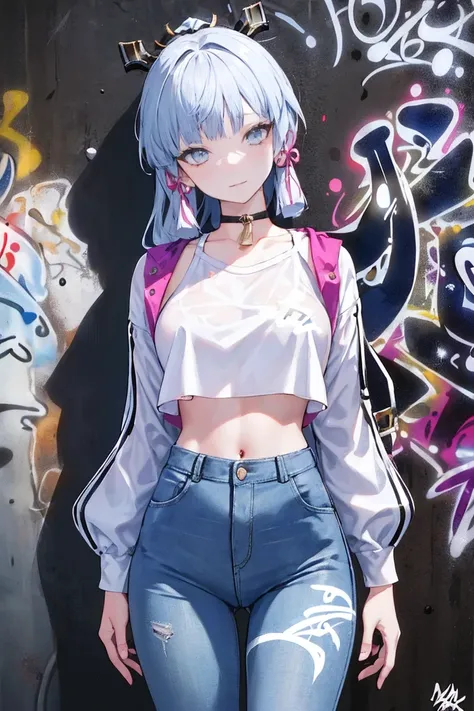 kamisato ayaka|genshin impact, master-piece, bestquality, 1girls,30 years old, proportional body, Big legs, Beautiful, proportional., crop top, Long Jeans, mediuml breasts, ,bara, crop top, choker, (Graffiti:1.5), Splash with purple lightning pattern., arm...