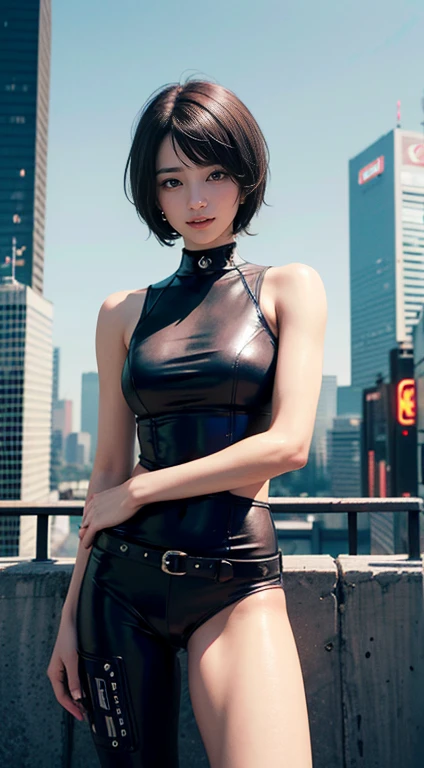 ,  smiles, 20 years old, (( top quality)), (( Masterpiece)), ( Hi-Res:1.3), ..3d,  beautiful ( cyberpunk:1.3),  stylish women,  camera eye black leather clothes ,  sleeveless,  embarrassing, I can&#39;t see the skin on my lower back,  blue and black leathe...