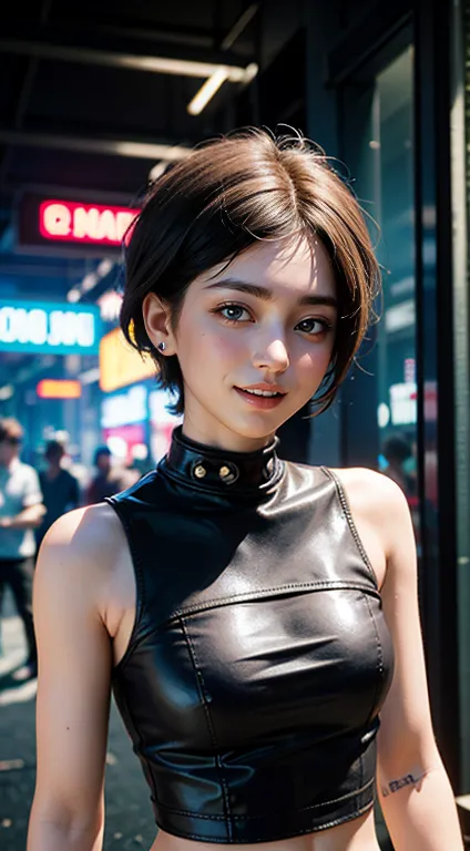 ,  smiles, 20 years old, (( top quality)), (( Masterpiece)), ( Hi-Res:1.3), ..3d,  beautiful ( cyberpunk:1.3),  stylish women,  camera eye black leather clothes ,  sleeveless,  embarrassing, I can&#39;t see the skin on my lower back,  blue and black leathe...