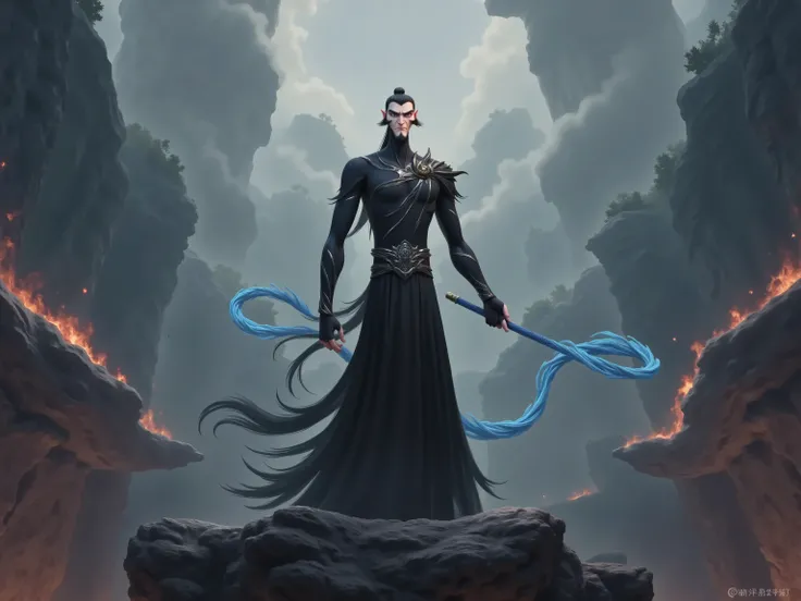 ( masterpiece, top quality:1.2), Game anime characters, alone,beard, Black Robe ,slim。Holding a blue whip in his hand。Kung Fu Action ,flame,cliff,Ominous clouds,Grand scene,Large game scene