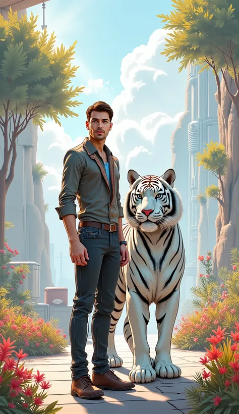 "Transform This drawn man ,  standing confidently amidst futuristic and realistic natural scenery.  He has a handsome face and a calm expression ,  reflects the power and wisdom of . Beside him,  The majestic white tiger king stands gracefully ,  with clea...