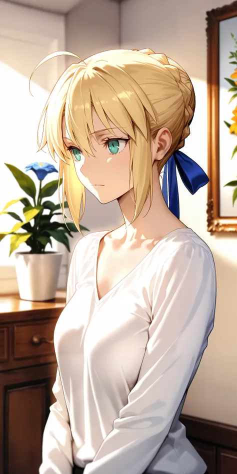 Masterpiece, mature woman, artoria pendragon (saber) (fate), bang, slim, upper body, white shirt, long sleeves, ultra detailed, highres, absurdres, white room, portrait, fate/stay night by ufotable studio style, attractive design, nice skin body, cinematic...