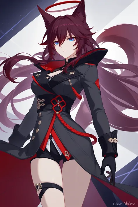  fox ears、dark red hair、 long hair、Fox Tail、midnight blue eyes、 best thighs、Honkai Impact 3、Feather、Halo、 beautiful skin、Clear shadows、front、 long coat