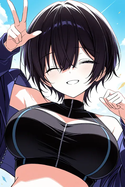 Upper body, 1girl, solo, smile, short hair, long bangs, eye closed bang, large breasts, black crop top