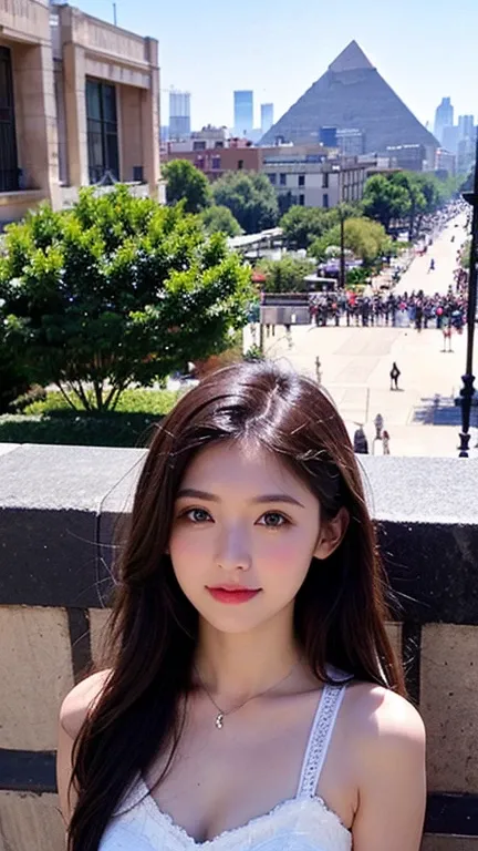   in high resolution ，Daytime, city, mall,    Long haired girl in egyptian dress  、The background of the city square on the hill with a view of the pyramids。