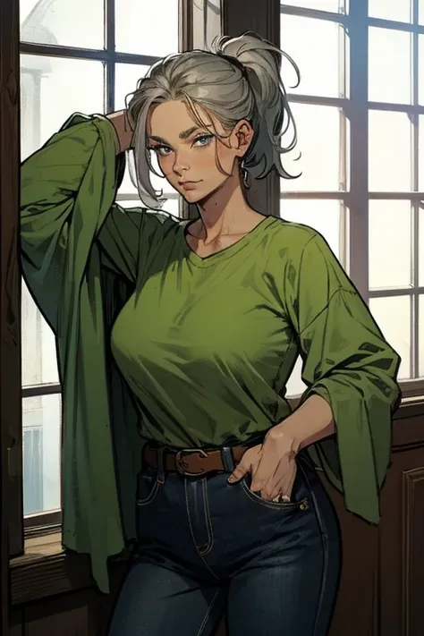 Old woman, with wrinkles, Wearing green shirt, pants dark denim pants , with belt,  gray hair tied with a ponytail,  blue eyes on a window of a house .