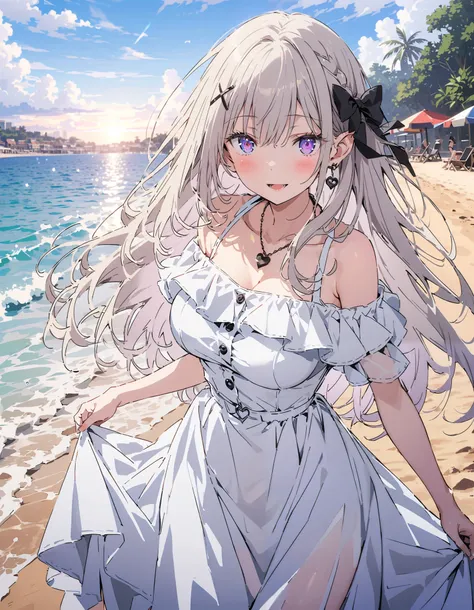  score_9,  score_8_ up the side,  score_7_ up the side,  source_Anime, Emilia,  braided, crown  braided, flower,  Hair Ornament,  hair bow,  long hair,   pointed ears,   purple eyes, Gray Hair, x  Hair Ornament,  big breasts,  straw hat,smile,blush, open y...