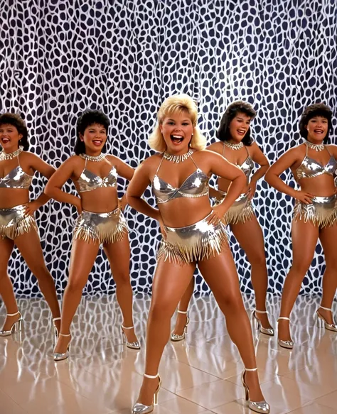 Music video from the 80s . Chubby Brazilian Xuxa style girls dancing samba with their legs open with a small micro-tanguita made of shiny flesh-colored metallic fabric 